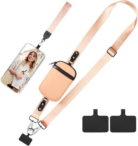 Clip and Go Strap for Phone with Wallet Crossbody, Upgraded New Phone Strap with Zippered Pouch and Phone Wrist Strap, Adjustable Phone Strap Crossbody Compatible with All Phones (M) Black in Kuwait