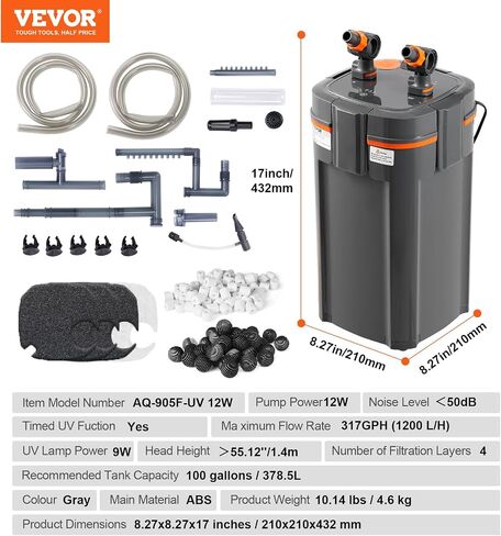 مرشح حوض أسماك Vevor 343GPH ، مرشح العلبة من 4 مراحل 100-125 جالون ، مرشح حوض السمك الداخلي فائق الدقة مع حماية للأشعة فوق البنفسجية ، مرشح طاقة غاطس مع وظيفة متعددة لخزانات الأسماك ، 15W in Kuwait