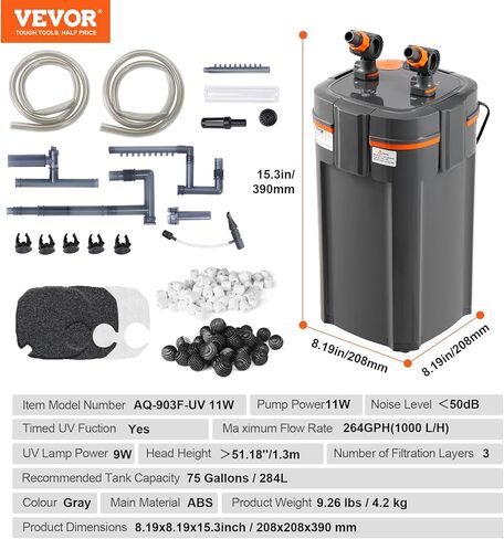 VEVOR Aquarium Filter 343GPH, 4-Stage Canister Filter 100-125 Gallon, Ultra-Quiet Internal Aquarium Filter with UV Protection, Submersible Power Filter with Multiple Function for Fish Tanks, 15W in Kuwait