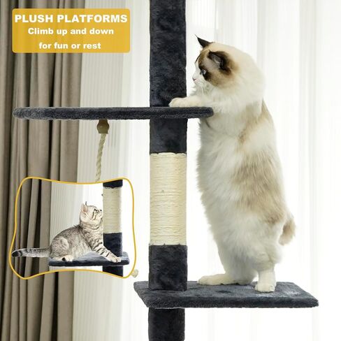 Floor to Ceiling Cat Tree, 5-Tier Height (95-109 inches) - Adjustable Cat Climbing Tower with Sisal Scratching Posts, Cat Condo, Hammock, Platforms, and Hanging Balls in Saudi Arabia