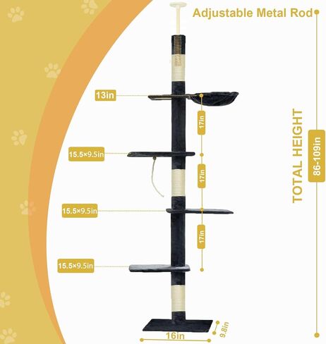 Floor to Ceiling Cat Tree, 5-Tier Height (95-109 inches) - Adjustable Cat Climbing Tower with Sisal Scratching Posts, Cat Condo, Hammock, Platforms, and Hanging Balls in Saudi Arabia