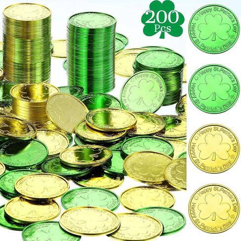 Zhanmai 200 Pieces St. Patrick's Day Coins Shamrock Lucky Plastic Coins Shamrock Leprechaun 3-Leaf Clover Good Luck Coins Plastic Table Sprinkles for St Patricks Day Decoration Favors in Saudi Arabia