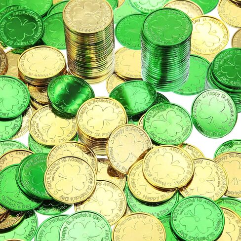 Zhanmai 200 Pieces St. Patrick's Day Coins Shamrock Lucky Plastic Coins Shamrock Leprechaun 3-Leaf Clover Good Luck Coins Plastic Table Sprinkles for St Patricks Day Decoration Favors in Saudi Arabia