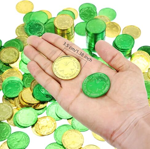 Zhanmai 200 Pieces St. Patrick's Day Coins Shamrock Lucky Plastic Coins Shamrock Leprechaun 3-Leaf Clover Good Luck Coins Plastic Table Sprinkles for St Patricks Day Decoration Favors in Saudi Arabia