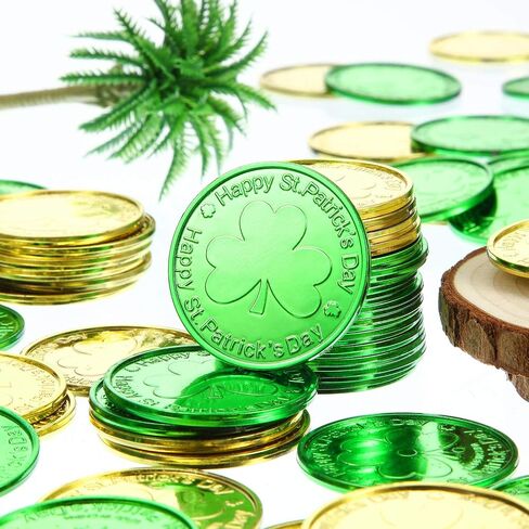 Zhanmai 200 Pieces St. Patrick's Day Coins Shamrock Lucky Plastic Coins Shamrock Leprechaun 3-Leaf Clover Good Luck Coins Plastic Table Sprinkles for St Patricks Day Decoration Favors in Saudi Arabia