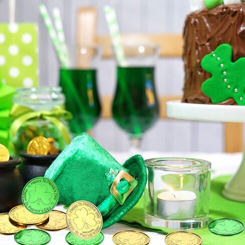 Zhanmai 200 Pieces St. Patrick's Day Coins Shamrock Lucky Plastic Coins Shamrock Leprechaun 3-Leaf Clover Good Luck Coins Plastic Table Sprinkles for St Patricks Day Decoration Favors in Saudi Arabia