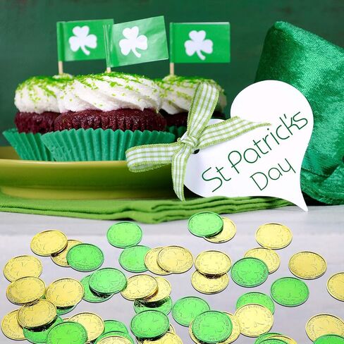 Zhanmai 200 Pieces St. Patrick's Day Coins Shamrock Lucky Plastic Coins Shamrock Leprechaun 3-Leaf Clover Good Luck Coins Plastic Table Sprinkles for St Patricks Day Decoration Favors in Saudi Arabia