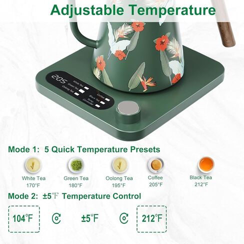 Gooseneck Electric Kettle - 1200W Quick Boil, Temp Control with 6 Presets & ±5℉ Adjustment, Accurate Pouring, 2H Auto Keep Warm, for Pour Over Coffee & Tea, Stainless Steel, 0.7L, Green in Saudi Arabia
