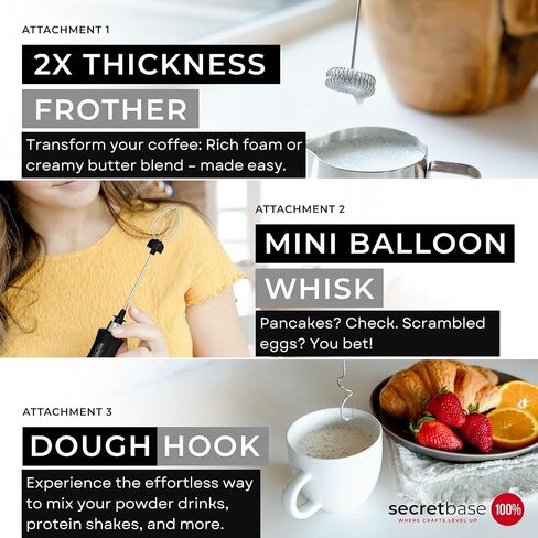 Secretbase 3 Speed Rechargeable Milk Frother Handheld, USB Charging Cradle - Stainless Steel Whisk for Bulletproof Coffee, Espresso Whipper, Mini Electric Stirrer (Black Frother without Pitcher) in Kuwait