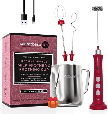 Secretbase 3 Speed Rechargeable Milk Frother Handheld, USB Charging Cradle - Stainless Steel Whisk for Bulletproof Coffee, Espresso Whipper, Mini Electric Stirrer (Black Frother without Pitcher) in Kuwait