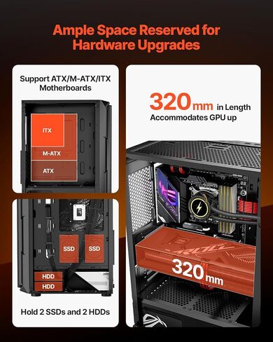 علبة ألعاب Vevor PC ، متوسطة ، حافظة كمبيوتر مع لوحة زجاجية عالية التهوية ، مرشح الغبار ، 4 × 120 مم من المعجبين ArgB ، إدارة سهلة الكابلات ، ل GPU حتى 320 مم ، من أجل ATX/M-ATX/ITX in Kuwait