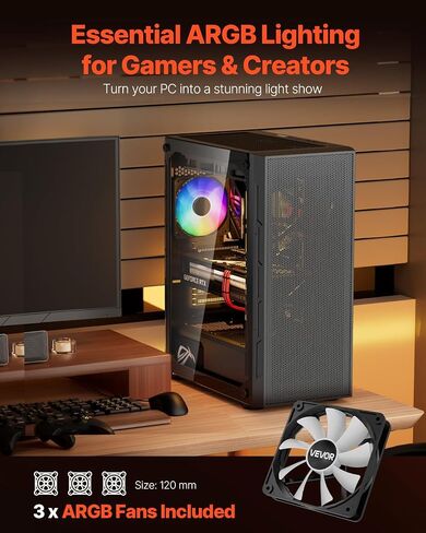 VEVOR PC Gaming Case, Mid-Tower, Computer Case with High-Airflow Tempered Glass Panel, Dust Filter, 4 x 120 mm ARGB Fans, Easy Cable Management, for GPU up to 320 mm in Length, for ATX/M-ATX/ITX in Saudi Arabia