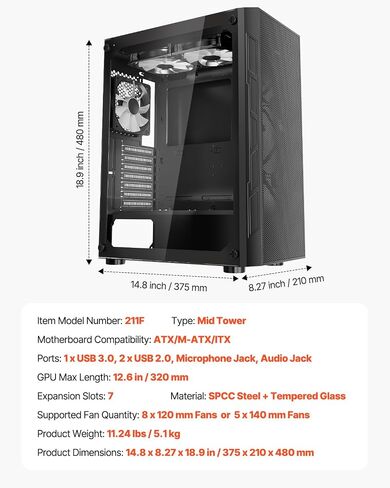 VEVOR PC Gaming Case, Mid-Tower, Computer Case with High-Airflow Tempered Glass Panel, Dust Filter, 4 x 120 mm ARGB Fans, Easy Cable Management, for GPU up to 320 mm in Length, for ATX/M-ATX/ITX in Saudi Arabia