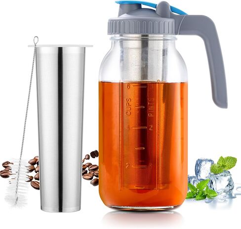 Cold Brew Coffee Maker, 64 oz Wide Mouth Thick Glass Mason Jar with Stainless Steel infuser for Iced Coffee, Fruit Drinks in Saudi Arabia