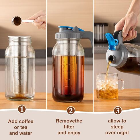 Cold Brew Coffee Maker, 64 oz Wide Mouth Thick Glass Mason Jar with Stainless Steel infuser for Iced Coffee, Fruit Drinks in Saudi Arabia