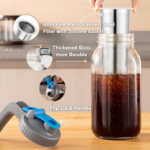 Cold Brew Coffee Maker, 64 oz Wide Mouth Thick Glass Mason Jar with Stainless Steel infuser for Iced Coffee, Fruit Drinks in Saudi Arabia
