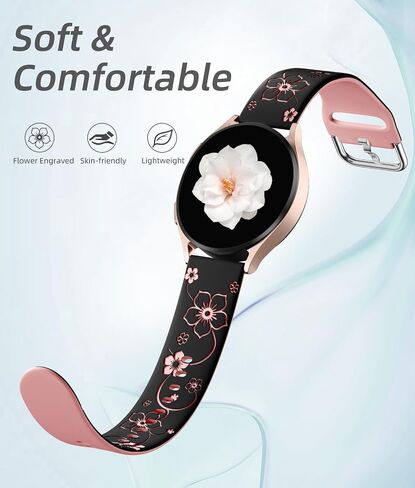 Odbeai Flower Engraved Band for Galaxy Watch 7 Band 6 5 4 40mm 44mm/Watch 6 4 Classic/Watch 5 Pro/Active 2,Compatible with Samsung Watch Bands,20mm Watch Band Women Cute Soft Silicone Two-Tone Sport in Kuwait