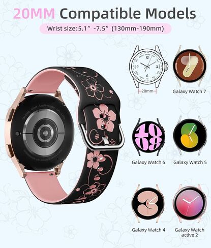 Odbeai Flower Engraved Band for Galaxy Watch 7 Band 6 5 4 40mm 44mm/Watch 6 4 Classic/Watch 5 Pro/Active 2,Compatible with Samsung Watch Bands,20mm Watch Band Women Cute Soft Silicone Two-Tone Sport in Kuwait