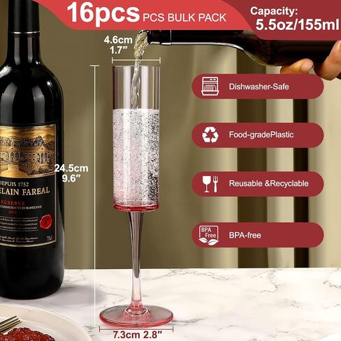 16 Pack Plastic Champagne Flutes, 5.5 Oz Unbreakable Goblet Glasses Reusable Champagne Toasting Cups - Modern & Elegant for Wedding Party Anniversary Christmas Birthday (5.5oz-Pink-16pack) in Saudi Arabia