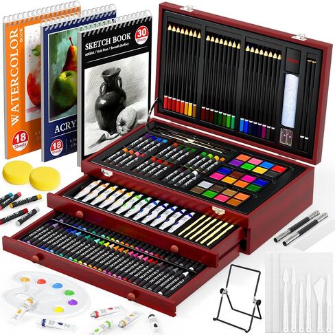 200 Piece Deluxe Art Set, Art Supplies with 3 Drawing Pads, Acrylic Paints, Crayons, Colored Pencils Set in Wooden Case, Professional Art Kit, for Adults, Teens and Artist, Paint Supplies in Saudi Arabia