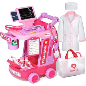 Doctor Kit for Toddlers Aged 3 4 5, Pretend Doctor Playset for Kids with Bag, Costume and Stethoscope, Doctor Cart Toy for Girls Boys (Pink)