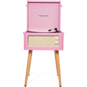 Vintage Standing Pink Vinyl Record Player with Detachable Legs, Built-in 4 Speakers, USB to PC Encoding, 33/45/78 RPM LP Player Bluetooth Retro Turntables Support Headphone Jack, RCA Out, AUX in