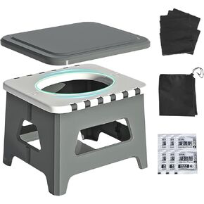 Portable Toilet for Adults, Folding Camping Toilet with Lid & Solidifier, Emergency Seat for Limited Mobility, Compact Potty for Home, RV & Travel, Anti-Slip Design (Grey)