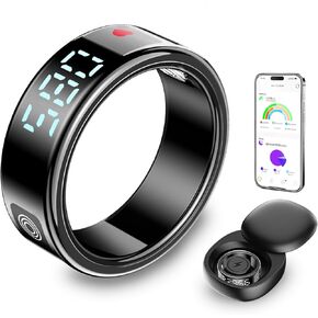Smart Ring with Digital Display, Health Ring with Sleep/Blood Oxygen/Heart Rate Monitoring, Waterproof Fitness Tracker, Remote Control for TikTok, No Subscriptions(Silver,8)