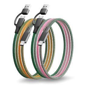 2Pack Multi Charging Cable Multiple Charger Cord Ombre Nylon Braided Short 3FT 2 in 1 USB Charge Cord with Type C/USB Connectors for Phone/Galaxy S20/S10S9/S8/S7 and More