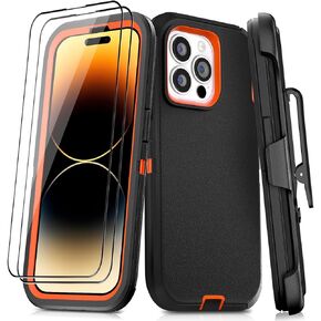 JGS for iPhone 14 Pro Case 6.1", Military Grade 3 in 1 Heavy Duty Shockproof/Drop Proof Case with 2 PCS Tempered Glass Screen Protector, Includes Holster Clip Kickstand (Black Green)