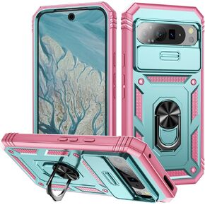 Case for Pixel 9 Pro XL, Slide Lens Protective Case Shockproof Impact Resistant with Kickstand Cover Case for Google Pixel 9 Pro XL Pink Green