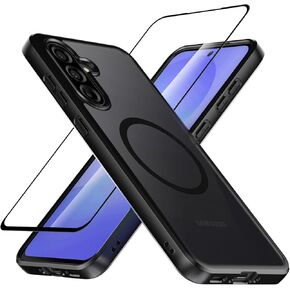 Magnetic for Samsung Galaxy A36 5G Case + Screen Protector Tempered Glass, Compatible with Magsafe, Matte Translucent Phone Case Shockproof Cover for Galaxy A36 5G - Black Frost