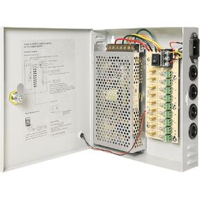 9 Channels DC12V 10 Amp PTC Reset Fuse CCTV Power Supply with Metal Box,Include 9pcs DC Male Pigtail,AC Plug and Lock Suit for Security Cameras,CCTV Cameras,NVRs,LEDs