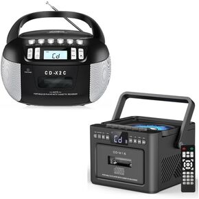 Boombox Cassette CD Player Combo with Bluetooth, FM, Remote Control, Tape Recording, AUX/TF/USB Drive, Rechargeable CD Player with Stereo Sound & Headphone Jack, LED Display for Home