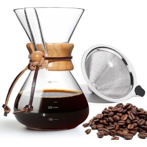 17 OZ Pour Over Coffee Maker, 4 Cup Borosilicate Glass Drip Coffee Maker with Reusable Stainless Steel Filter and Cork Grip for Home Café 400 ML
