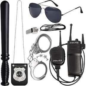 Orgoue 6PCS Police Costume Accessories, Cop Costume Set Police Officer Costume for Girls Boys Kids with Walkie Talkies Handcuffs Badge Eyeglasses Baton Whistle for Helloween Carnival FBI Pretend Play
