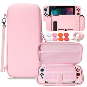 Pink Switch Accessories Kit,Essential Protection for Nintendo Switch Case,Screen Protector,Travel Carry Case & Shoulder Strap,Joystick Caps,TPU Protective Case Grips Cover for Joy Con Girls Gifts (Pink)