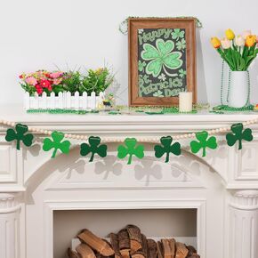 St Patricks Day Garland Decorations Green Felt Shamrocks with Wood Beads Lucky Irish Rustic Farmhouse NO DIY St. Patrick's Day Banner for Mantle, Fireplace, Wall, St Patricks Party Supplies