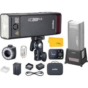 Godox Ad200 Pro II Ad200Pro II Flash Flash ، TTL 200W Pocket Flash HSS 1/8000S ، مزامنة لاسلكية واحدة ، شاشة ملونة محسّنة ، مع Fender AD200PRO-PC السيليكون