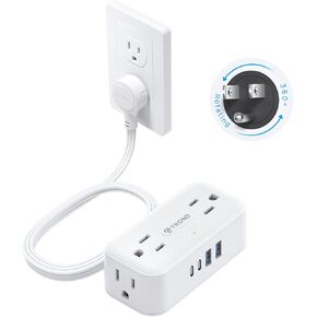 TROND 360° Rotating Flat Plug Power Strip, 5FT Extension Cord with 4 USB Ports, 4 Wide Spaced AC Outlets, Wall Mount, 900J Surge Protector for Office Travel Dorm Room Essentials, White