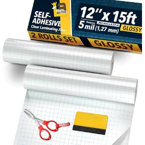 Clear Laminating Roll 12" x 15ft - 5 MIL Self Adhesive 2-Pack Glossy Laminate Roll Peel and Stick, Clear Vinyl Roll Film