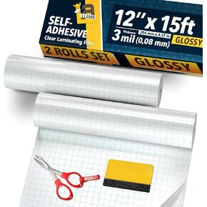 Clear Laminate Roll Set 2-Pack 12" x 15ft Glossy Self Adhesive Vinyl Laminating Film Roll 3 MIL for Crystal-Clear Finish