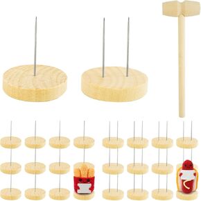24 PCS Wooden Crochet Doll Stand, Single Double Needle Wooden Crochet Doll Display Stand With Fixing Hammer, Positive Crochet Doll Holder Stand With Wooden Base, Wooden Stands for Knitted Doll Display