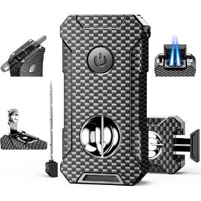5-in-1 Torch Lighter with Cutter, Punch, Holder, and Draw Enhancer Tool, Adjustable Dual Jet Flames, Trendy Gift for Men, Refillable Butane Lighter, Rechargeable Lighters for Candle, Travel Outdoors