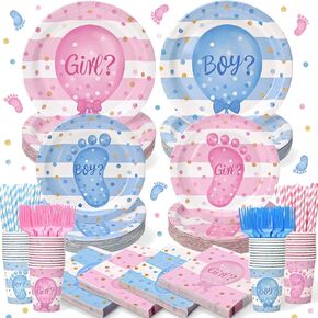300Pcs Gender Reveal Plates and Cups and Napkins Sets with Forks and Straws, Gender Reveal Party Supplies, Pink and Blue Plates, He or She Baby Gender Reveal Decorations, Boy or Girl (Serves 50)
