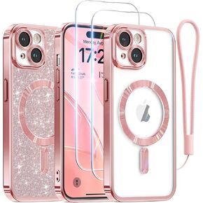 Meifigno Designed for iPhone 16E Case 6.1", [Compatible with MagSafe] [Glitter Card & Wrist Strap] [2X Screen Protectors] Surround Raised Lens Protection Designed for iPhone SE 4 Case, Rose Gold