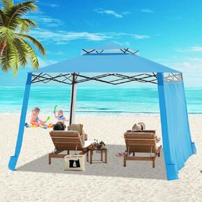 Beach Cabana 8x8 UPF50+ Beach Shade Canopy with Side Wall and 4 Sand Pockets Easy Set up and Take Down for Family,Blue