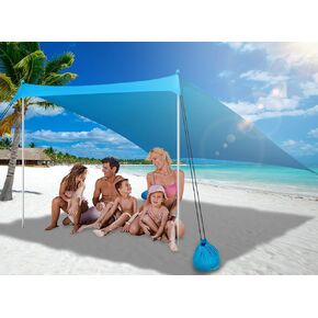 Beach Tent Sun Shelter 7 x 7ft Camping Sun Shade 2-6 Person Beach Canopy with 2 Lengthened Poles, Large Sandbags, Shovel, Pop Up Beach Canopy Sunshade for Fishing Backyard Fun or Picnics, UPF 50+