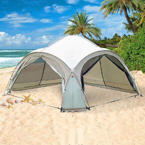 Large Beach Canopy Tent 14 X 14ft, UPF 50+ Pop Up Sun Shelter for 8-10 Person, Portable Beach Sun Shade with Side Walls for Camping, Fishing, Backyard, Fishing, Parties, Picnics