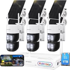 XMARTO Night Color Wire-Free Solar Home Security Camera System with Pan Tilt and Zoom，6-Set CCTV Cameras Kit with 4K 10CH Expandable WiFi NVR